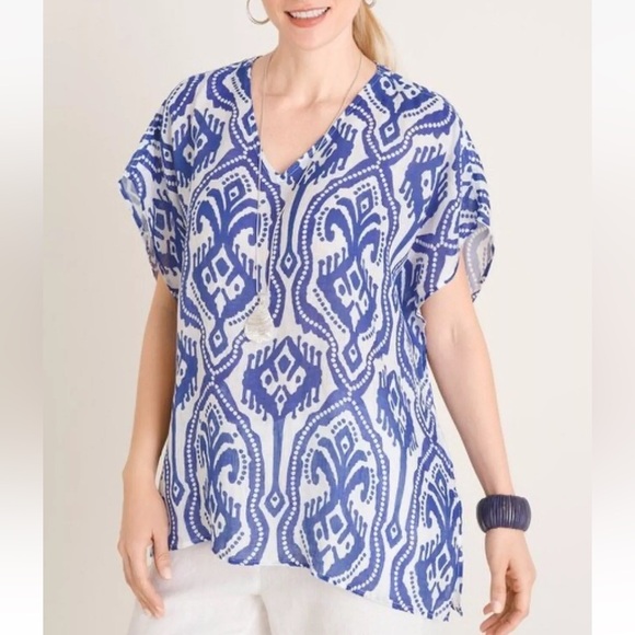 Artsy Chicos Womens 100% Linen Ikat Printed Poncho Beach Top White Blue S/M Boho - Picture 1 of 10
